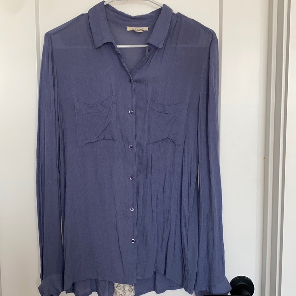 Boutique blue button up long sleeve with lace back